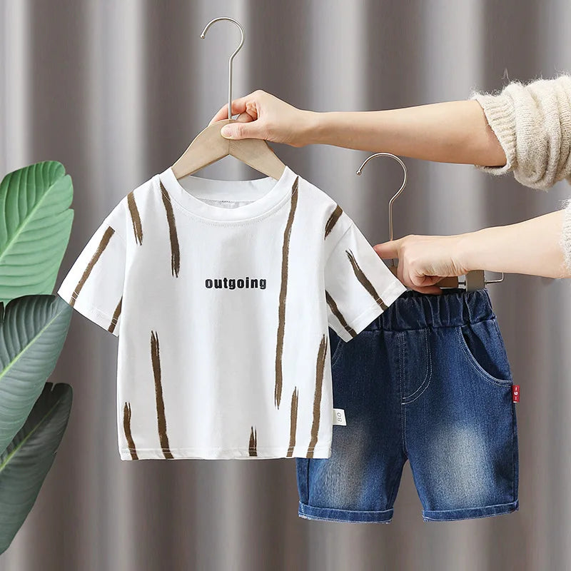 Hot Sale Baby Boys Clothes Children Cotton Printe Causal T Shirts Denim Shorts 2Pcs/set Infant Kids Toddler Tracksuits 0-5 Years