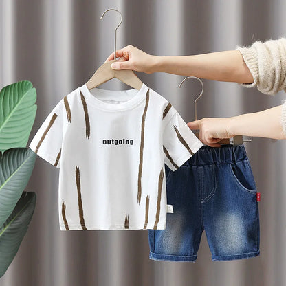 Hot Sale Baby Boys Clothes Children Cotton Printe Causal T Shirts Denim Shorts 2Pcs/set Infant Kids Toddler Tracksuits 0-5 Years