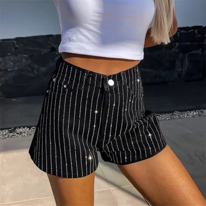 Fashion Small Diamonds Stripe Decoration Denim Shorts Straight Three Quarter Pants Female Summer Casual Commuter Mini Jeans 2024