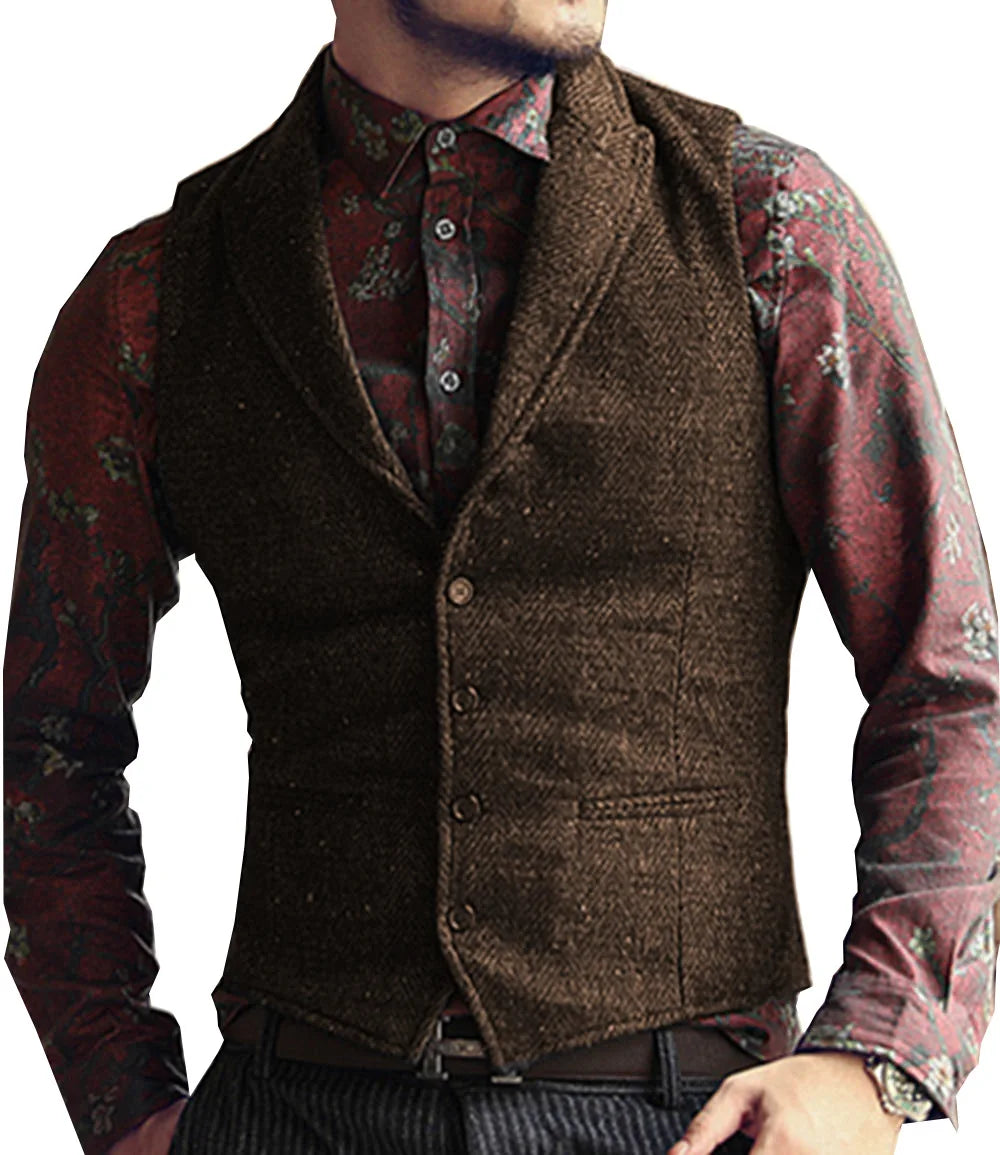 Men's Suit Vest Slim Fit Herringbone Pattern Mail Waistcoat Flip Tie Pocket Vest Business Banquet Wedding Groomsman Dress Vests