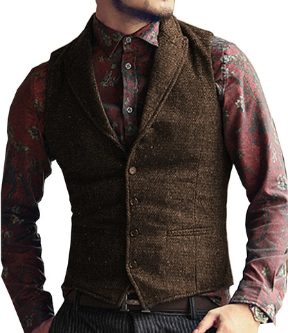 Men's Suit Vest Slim Fit Herringbone Pattern Mail Waistcoat Flip Tie Pocket Vest Business Banquet Wedding Groomsman Dress Vests