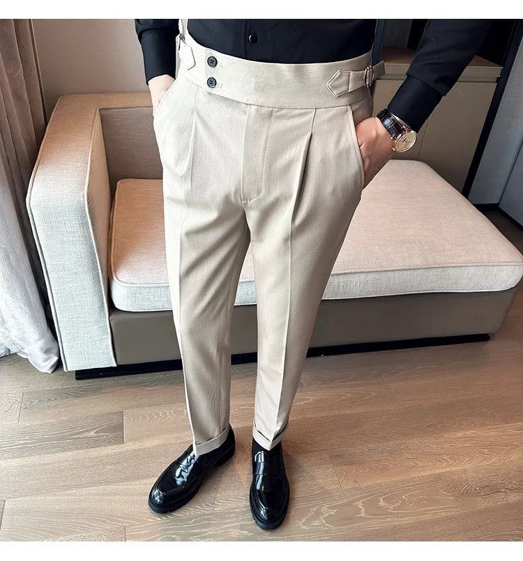 Autumn Winter High Waist Business Dress Pants Men Casual Belt Design Slim Suit Pants Formal Wedding Social Party Male Trousers
