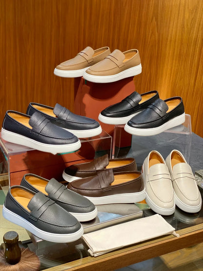 2026 New Men Genuine Grain Leather Penny Loafers Slip On Platform Non Slip Soft Sole Business Casual Driving Daily Walking Shoes