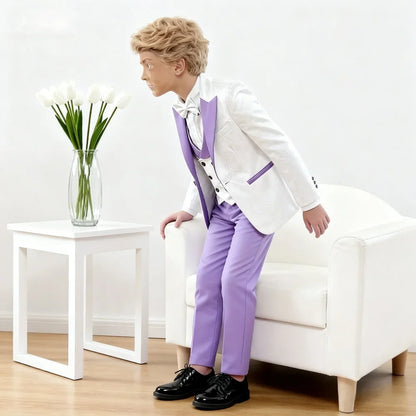 Stylish Notched Lapel Purple Suit Set For Kids Wedding Suits For Flower Boy Kids Formal Suit Set 4 Pieces Classy Tuxedo Suit