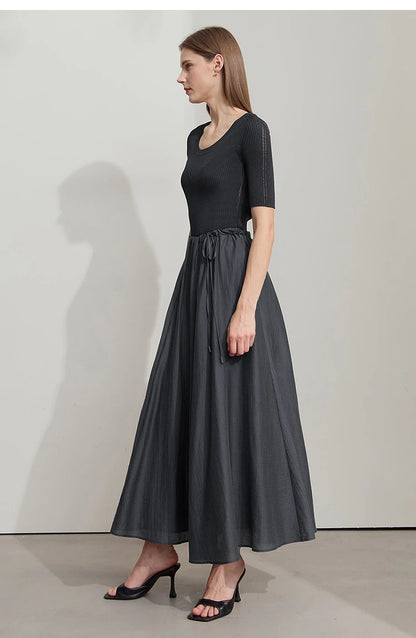 Minimalist New Summer Knee Length A-line Skirt Women Adjustable Drawstring Solid Color Commuting Style Loose Skirt 12522025