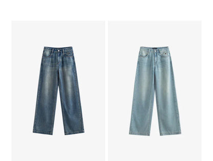 Women Denim Jeans 2025 Spring New Acetate Wide Leg Mid Low Waist Slim Fit Straight Wide Leg Pants