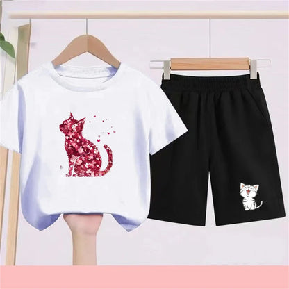 Summer Age 3-12 Girls boy cool breathable Tshirt Children T-shirt+bottom wear Set black 2pcs leisure Kids Set cat Print