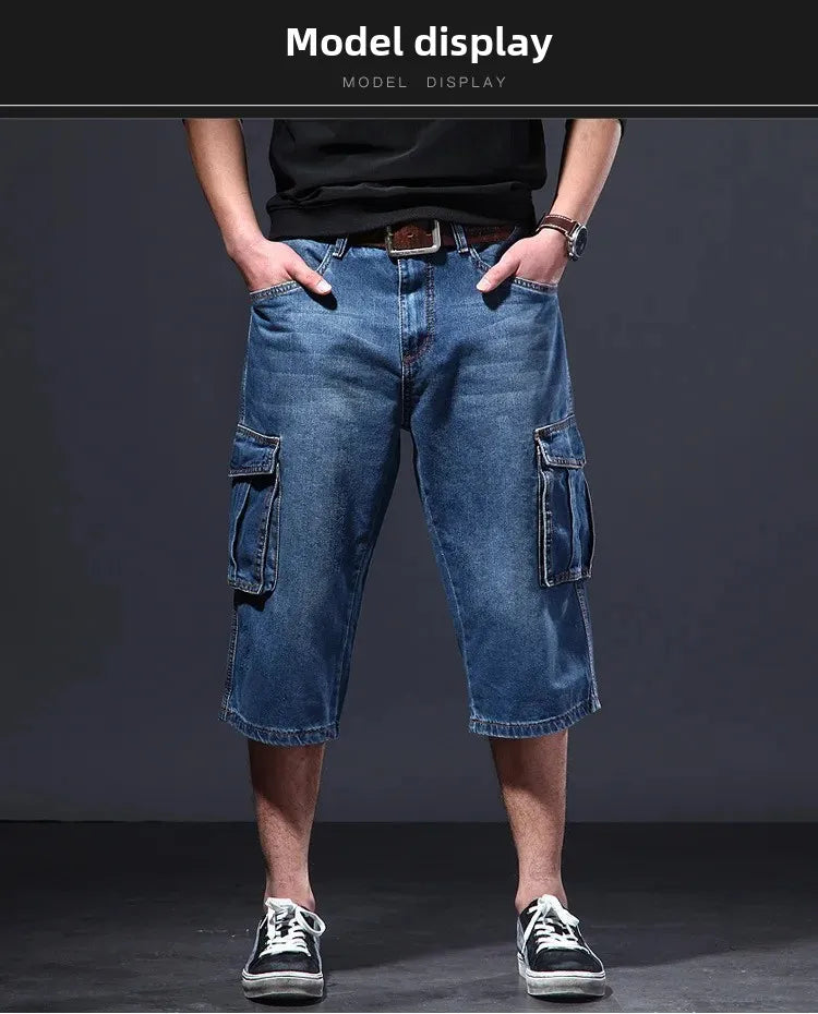 Amazon Summer Thin Loose-Fit Multi-Pocket Work Denim Shorts Casual Jeans Men's 5-Piece 7-Piece Ankle Length Blue Straight Leg