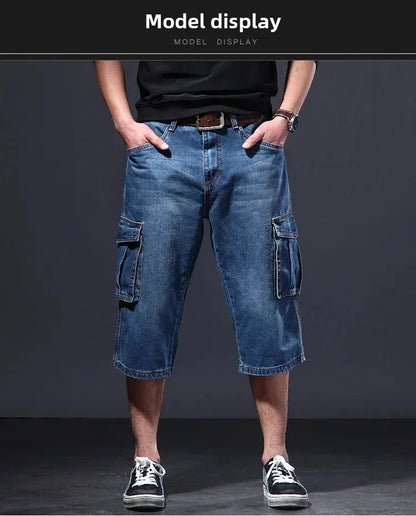 Amazon Summer Thin Loose-Fit Multi-Pocket Work Denim Shorts Casual Jeans Men's 5-Piece 7-Piece Ankle Length Blue Straight Leg