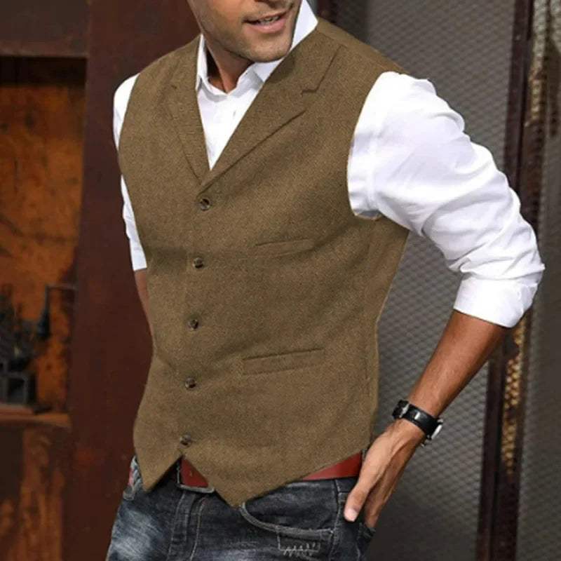 New Plus Men's Herringbone Tweed Wool Suit Vest British Retro Lapel Single Breasted Waistcoat Male Boutique Slim Fit Dress Vests
