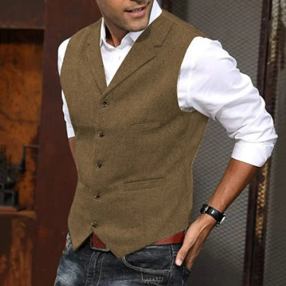 New Plus Men's Herringbone Tweed Wool Suit Vest British Retro Lapel Single Breasted Waistcoat Male Boutique Slim Fit Dress Vests
