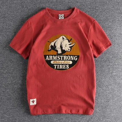 Summer New American Retro Short-sleeved O-neck Rhino Printed T-shirt Men's Fashion Simple 100% Cotton Washed Casual Sport Tops