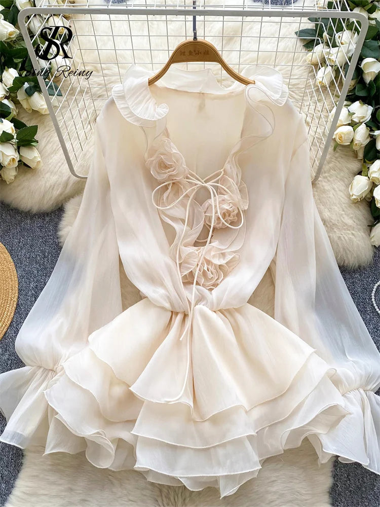 3D Floral Beach Short Dress Female Long Sleeves Lace Up Ruffle Chiffon Cake Sundress Sheer Sexy Vintage Bohemian Dress