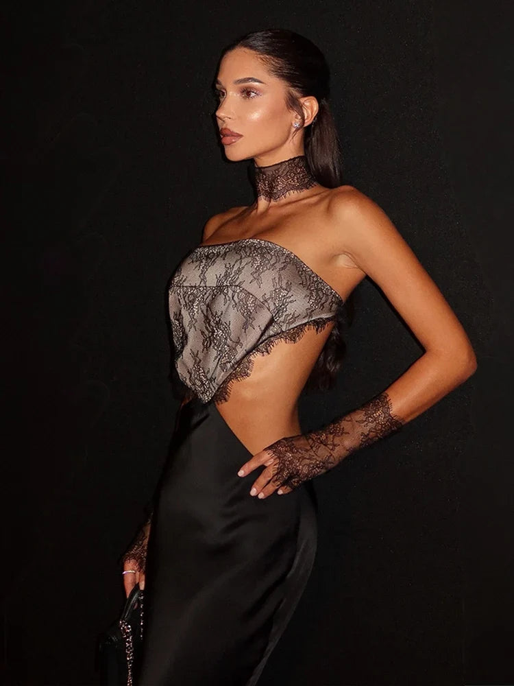 Hollow Out Strapless Lace Patchwork Hip Wrap Sexy Club Women Dresses Sheath Bodycon Fashion Female Outfits Party Slim