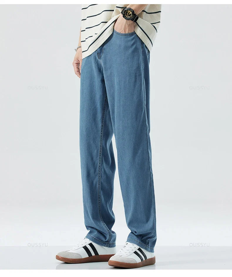 New Summer Thin Soft Lyocell Fabric Men's Jeans Classic Straight Denim Pants Work Wide Leg Casual Trousers Male Big Size 40 42