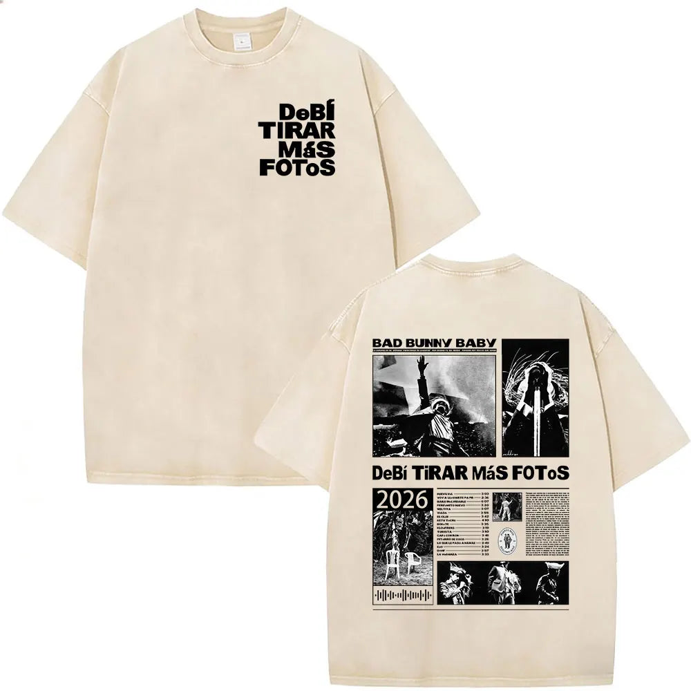 Washed Vintage Rapper Bad Bunny T-shirt Debi Tirar Mas Fotos DTMF World Tour Album T Shirts Men Women Fashion Hip Hop T-shirts