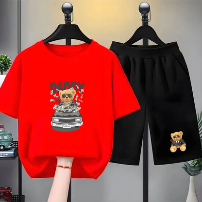 Children Short-sleeved T-shirt+Shorts black Boys Girls Toddler 3-12Yrs Sports Set Summe cool Tshirt Wealthy Bear Clothing