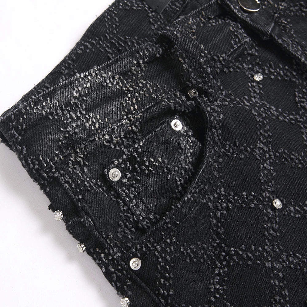 Men's Crystal Boot Cut Jeans Punk Black Stretch Denim Pants Rivet Slim Flared Trousers Fashionable Bootcut Trousers