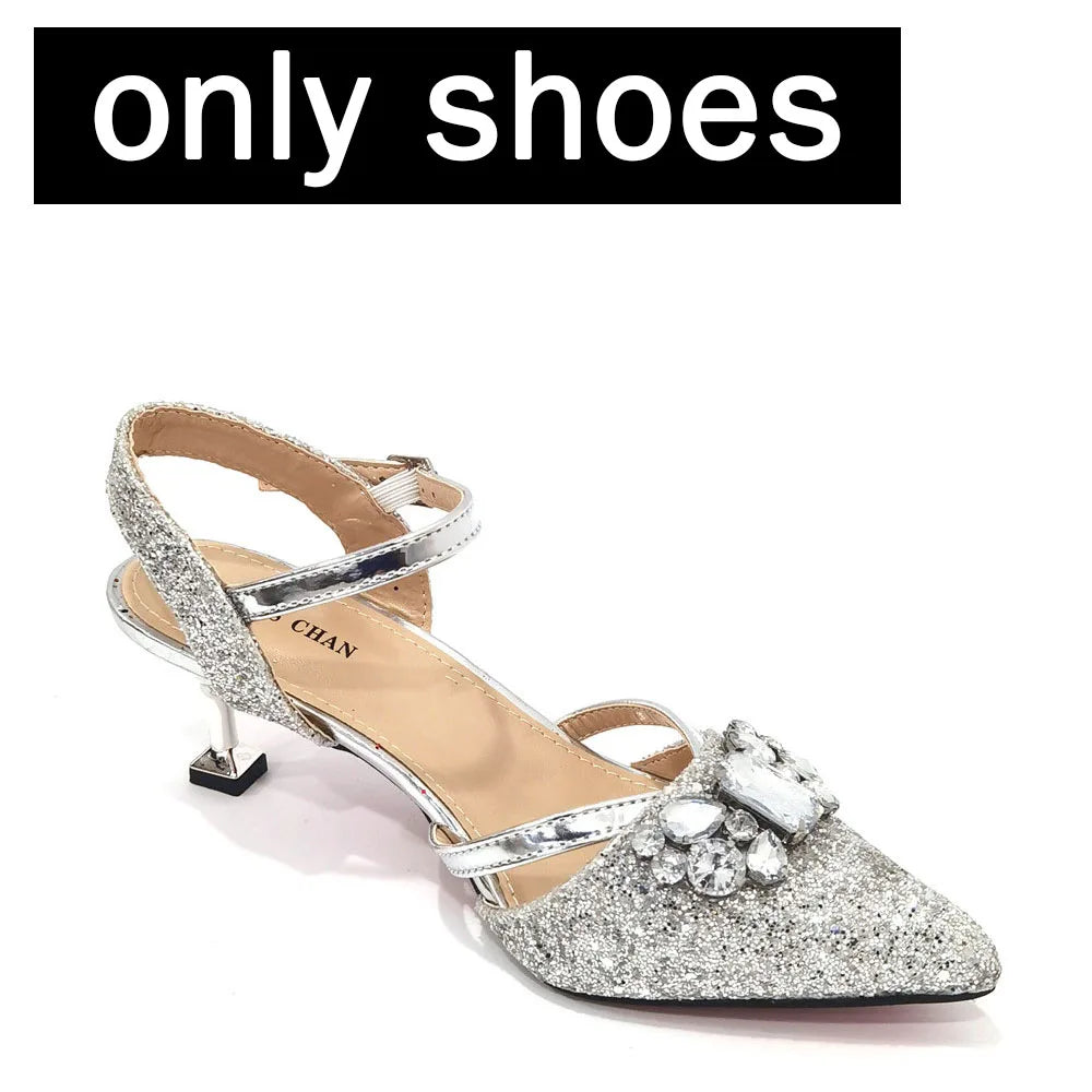 2022 Nigerian Fashionable Silver Color Peep Toe Shoes Matching Bag Set For Royal Ladies Wedding Party Sandal