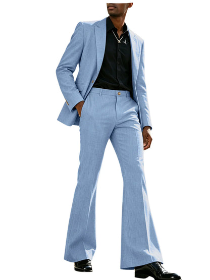 Vintage Men's Linen Suit 2 Piece Notch Lapel 2 Button Blazer Wide Leg Flare Pants Breathable Lightweight Set for Business Casual