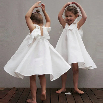 Summer Girl's Bow Tie Shoulder Straps 100% Cotton White Dress 2026 New Flower Girl Loose Vacation Party Princess Dresses