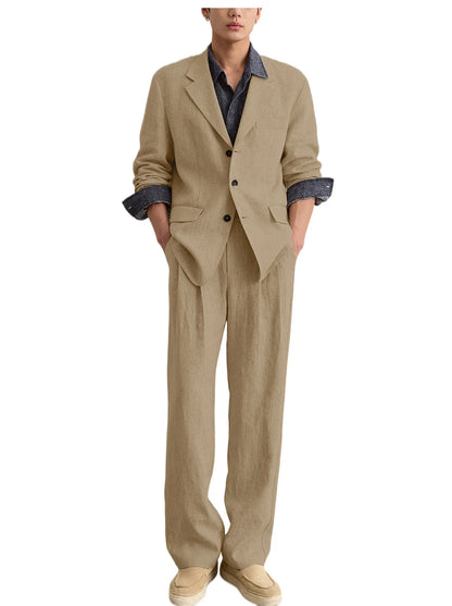 Men's Linen 2 Piece Set Notched Lapel Loose Fit Blazer Wide Leg Trousers Lightweight Breathable Spring Business Casual DailyWear