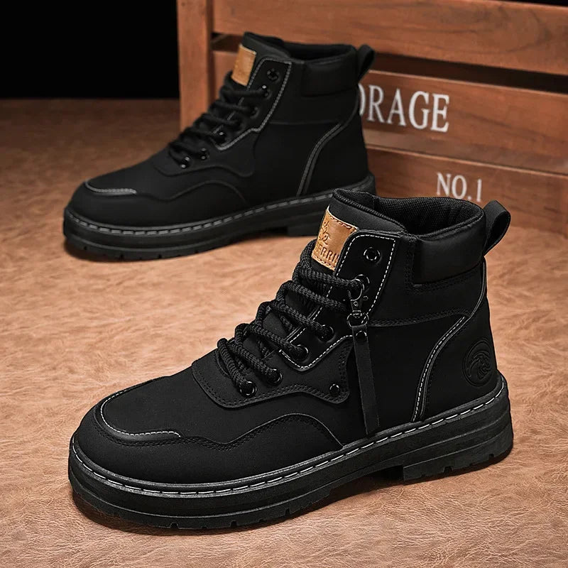 Men Boots  Autumn High Top British Korean Thick Soled Platform Comfortable Non Slip Short Boots Outdoor Lace Up Cotton Boots 202