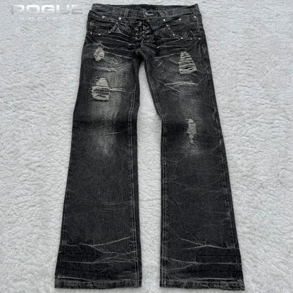 Summer Streetwear Embroidered Flare Jeans Men Y2K Retro Gothic Punk Casual Harajuku Distressed Vintage Black Denim Pants Unisex