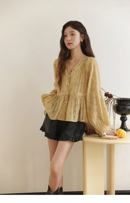 Elegant Woman Shirt 2025 Autumn Yellow Printing Lantern Sleeves Shirt Commute Drawstring Waist Lace Trim Top MXE45X2499