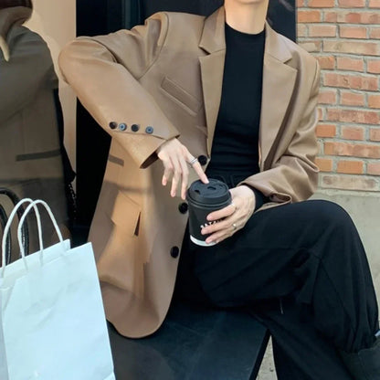 Blazer Woman PU Leather Black Outerwears Long Over Loose Jacket Coats for Women Solid Clothes Dress Korean Style Fashion 2025