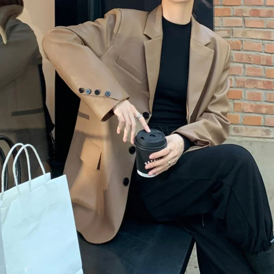 Blazer Woman PU Leather Black Outerwears Long Over Loose Jacket Coats for Women Solid Clothes Dress Korean Style Fashion 2025
