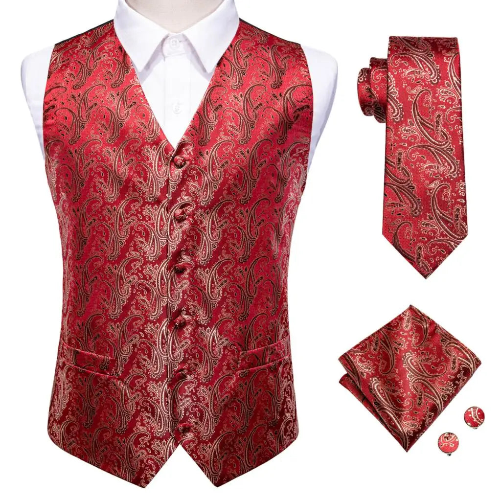 Mens Vests Tie Sets V-Neck Grey Red Purple Blue Green Pink Black Waistcoat Hanky Cufflinks Wedding Business Designer