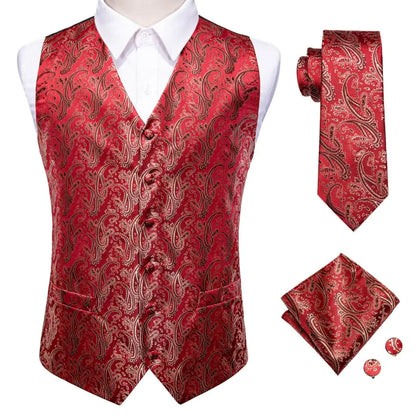 Mens Vests Tie Sets V-Neck Grey Red Purple Blue Green Pink Black Waistcoat Hanky Cufflinks Wedding Business Designer