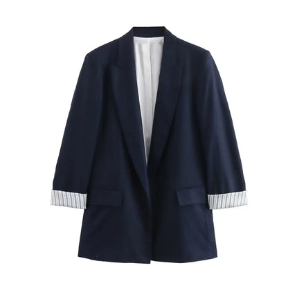 Women Fashion Solid Blazer Notched Collar Long Roll up Sleeves Female Chic Office Lady Business Outfits