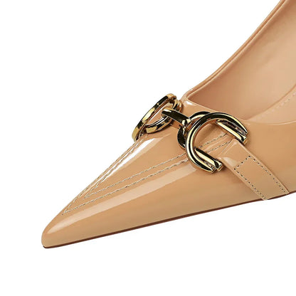 Women 7cm 10cm High Heels Wedding Bridal Replica Pumps Lady Scarpins Metal Chain Buckle Low Heels Stiletto Nude Green Prom Shoes