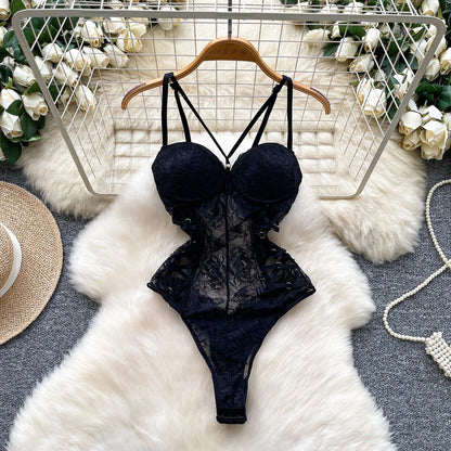 Sexy Lace Push Up Bodysuit See Through Mesh Patchwork Sleeveless Slim Thin One Pieces Elegant Women's Strappy Lingerie