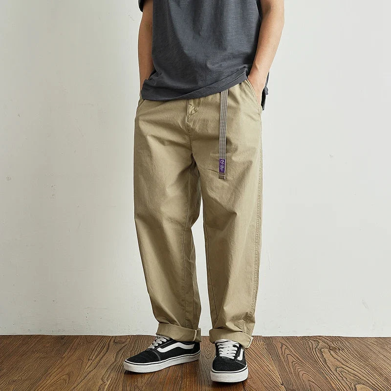 Summer thin casual pants men's straight straight tube loose conical overalls all cotton wash re-engraved purple mark daddy pants
