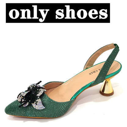 FASHION SHOE Sandals Women 2022 High Heels sexy Green Color Rhinestone Flowers Party Pumps Wedding Shoe and Matching Bag Set
