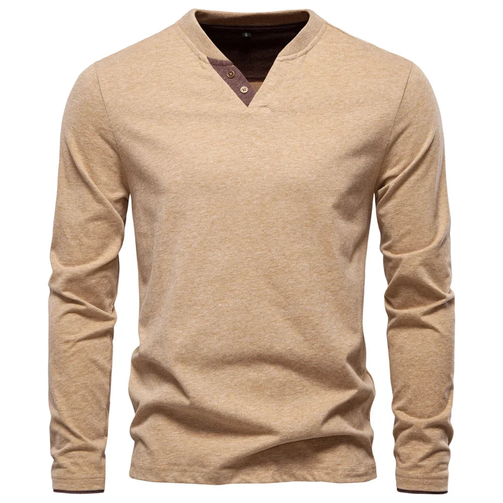 100% Cotton T-shirt Men Casual Solid Color Long Sleeve Sweater Autumn Fashion High Quality Henley Collar Mens T-shirts