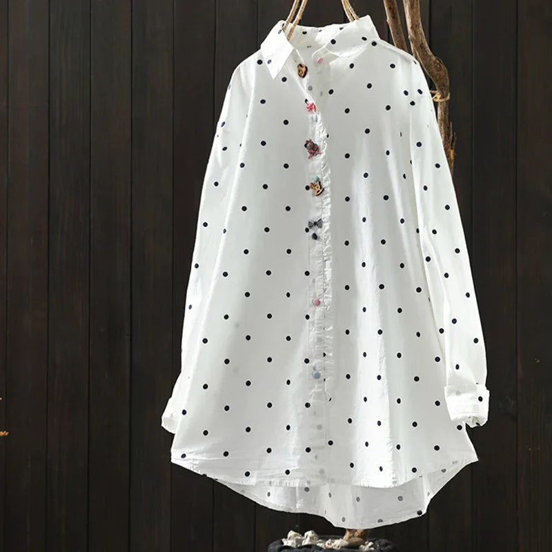 2026 Korean style clothes women spring cotton white polka dot print shirts long sleeve blouses Middle-aged women's clothing