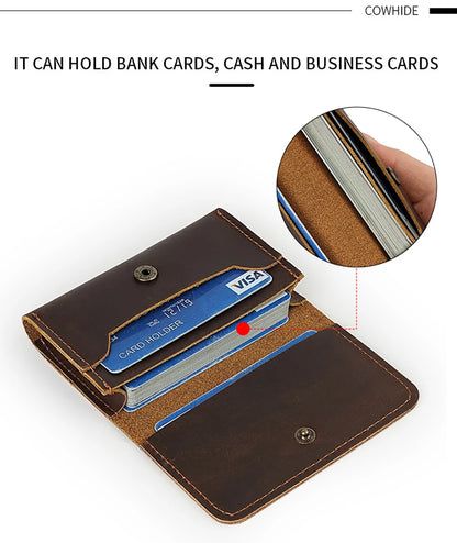 Crazy Horse Leather Card Holder Top-Grain Cowhide Snap - Button Genuine Leather Multi-function Wallet RFID Credit Card Case