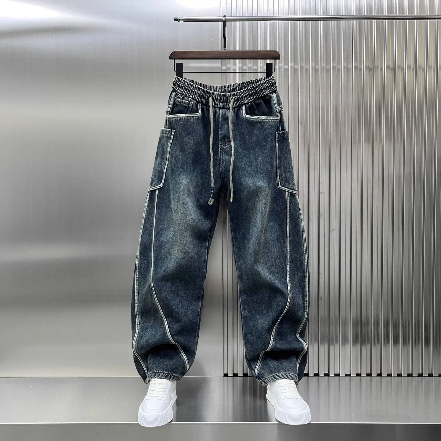 Spring Autumn 2025 New Splicing Cutting Elastic Waist Large Size Boys Washed Loose Wide Leg Big Pocket Scimitar Drawstring Jeans