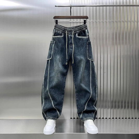 Spring Autumn 2025 New Splicing Cutting Elastic Waist Large Size Boys Washed Loose Wide Leg Big Pocket Scimitar Drawstring Jeans