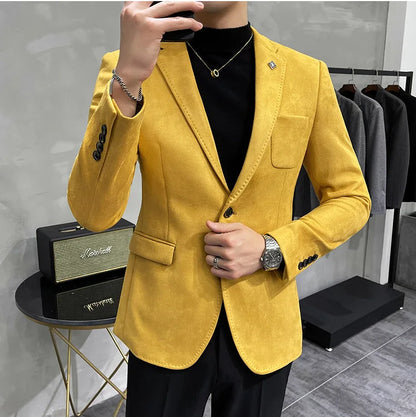 Men's Deerskin Fleece Suit Jacket 2025 Spring New High Quality Single Button Slim Fit Business Casual Suit Coat  Men Clothing