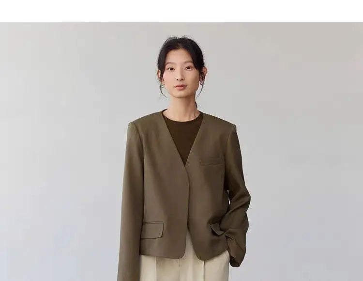 Womens Gray Collarless Blazer Cropped Open Front Suit Jacket Casual Office Outerwear