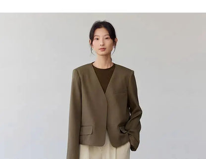 Womens Gray Collarless Blazer Cropped Open Front Suit Jacket Casual Office Outerwear