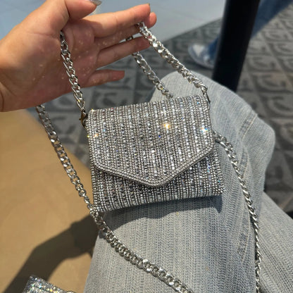 Rhinestones Bag for Women 2024 Mini Purses and Handbags Clutch Wallets Ladies PU Leather Chain Party Evening Shoulder Bag