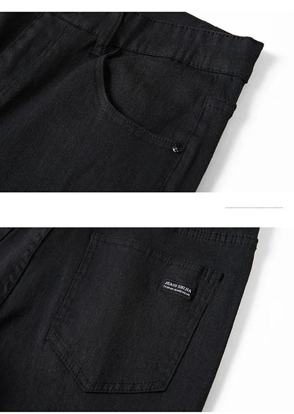 Men's Pure Black Slim Jeans Elastic Straight Pants Business Fashion Leisure Korean Vintage Skinny Small Feet Denim Pants Male