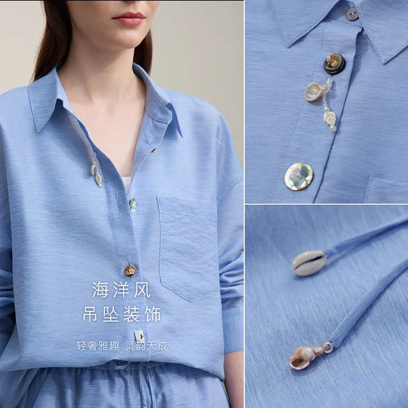 Women's Casual Shirts 2026 Summer New Holiday Style Separate Shorts Long Sleeve Top Single Loose Solid Shorts 12652027