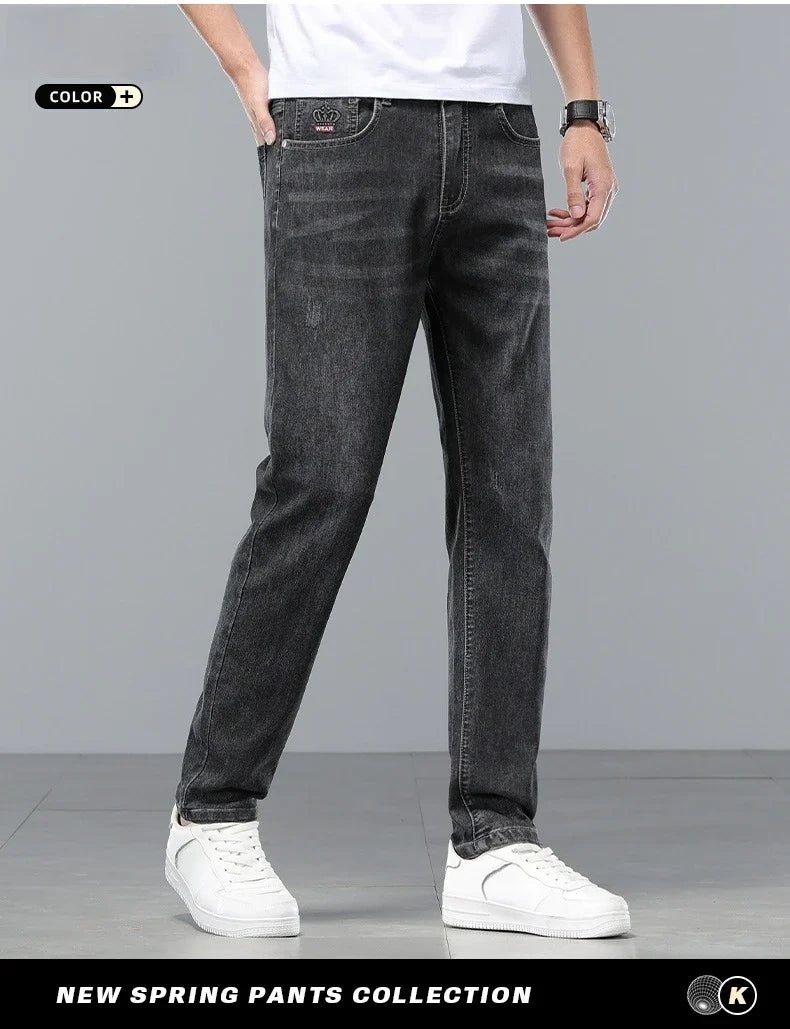 Brand Clothing Spring Summer Slim Men's Jeans Casual Breathable Cotton Fabric Stretch Denim Pants Blue Trousers Male Plus Size